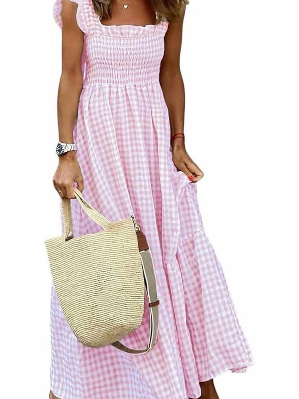 Pink Gingham Smocked Maxi Dress - Women